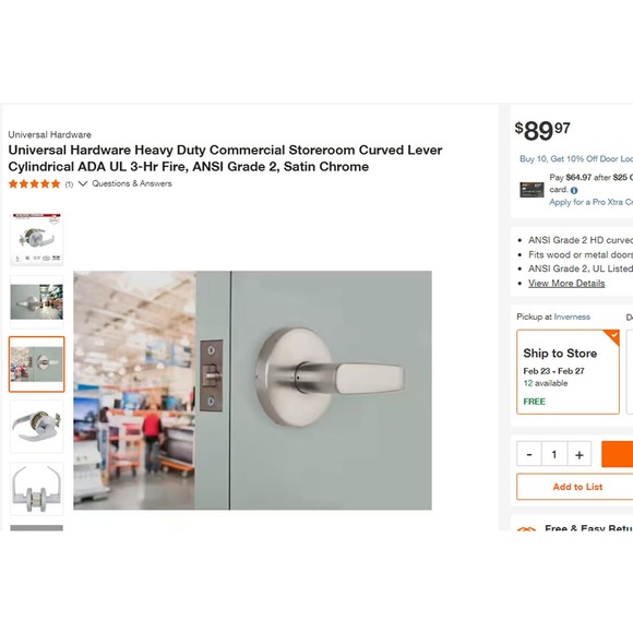 Commercial Keyed Curved Lever Cylindrical UL 3Hr Fire ANSI Grd 2, Satin Chrome - Picture 2 of 12